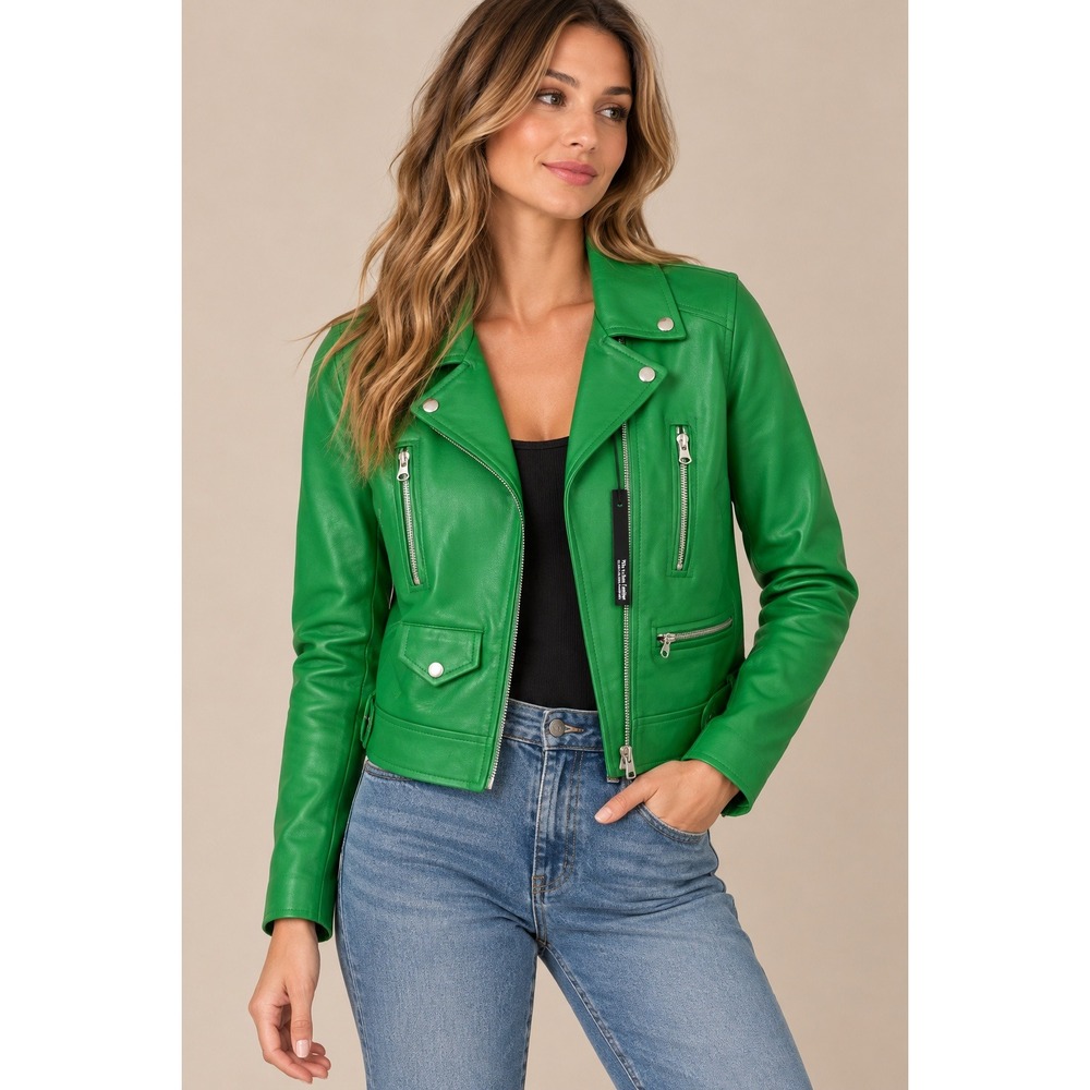 Love Tree Women Jacket Small Green Moto Asymmetrical Zip Faux Leather 8229JH